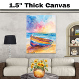 Watercolor Painting of Colorful Wooden Boat on Sandy Shore with Sunrise Reflections and Bright Ocean Waves Under Vibrant Sky on Ready to Hang 1.5" Thick Canvas Wrap, Floating Framed Canvas, Flat Rolled Canvas