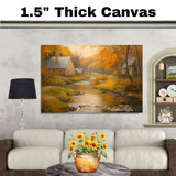 Fall Serenity – Village Homes and River Under Autumn Leaves on Ready to Hang 1.5" Thick Canvas Wrap, Floating Framed Canvas, Flat Rolled Canvas
