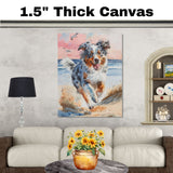 Watercolor Painting of a Playful Dog Running on the Beach with Ocean Waves and Pink Sunset in a Fun Coastal Scene on Ready to Hang 1.5" Thick Canvas Wrap, Floating Framed Canvas, Flat Rolled Canvas
