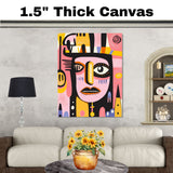 Bold Abstract Face Illustration with Pink and Yellow Tones in Mid-Century Modern and Tribal Pop Art Style on Ready to Hang 1.5" Thick Canvas Wrap, Floating Framed Canvas, Flat Rolled Canvas