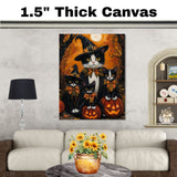 Enchanted Autumn Eve: Tuxedo Cat Witch and Kittens with Glowing Jack-O-Lantern on Ready to Hang 1.5" Thick Canvas Wrap, Floating Framed Canvas, Flat Rolled Canvas