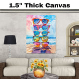 Watercolor Art of Five Stylish Sunglasses Stacked on Beach with Colorful Reflections and Ocean Horizon Background on Ready to Hang 1.5" Thick Canvas Wrap, Floating Framed Canvas, Flat Rolled Canvas