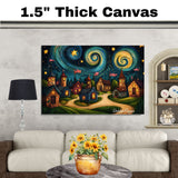 4th of July Fireworks, Flags, Stars & Swirled Sky Village Scene – Decorative Patriotic on Ready to Hang 1.5" Thick Canvas Wrap, Floating Framed Canvas, Flat Rolled Canvas
