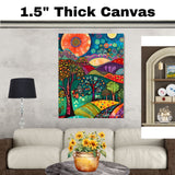 Vibrant Folk Art Landscape Canvas – Colorful Trees, Hills, and Sunbursts in Whimsical Abstract Style on Ready to Hang 1.5" Thick Canvas Wrap, Floating Framed Canvas, Flat Rolled Canvas