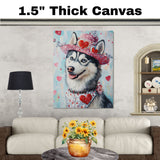 Cozy Elegance: Siberian Husky in a Charming Pink Scarf and Hat on Ready to Hang 1.5" Thick Canvas Wrap, Floating Framed Canvas, Flat Rolled Canvas