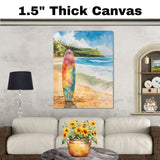 Watercolor Painting of a Multicolored Surfboard on a Sunny Beach with Ocean Waves and Palm-Covered Green Hills in the Background on Ready to Hang 1.5" Thick Canvas Wrap, Floating Framed Canvas, Flat Rolled Canvas