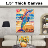 Watercolor Painting of Colorful Dolphin on Sandy Shore with Ocean Waves and Sunset Sky in Bright Orange Blue and Pink Hues on Ready to Hang 1.5" Thick Canvas Wrap, Floating Framed Canvas, Flat Rolled Canvas
