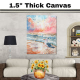 Watercolor Seagull on Shoreline at Sunset with Ocean Waves and Pink Orange Sky in a Peaceful Coastal Scene on Ready to Hang 1.5" Thick Canvas Wrap, Floating Framed Canvas, Flat Rolled Canvas