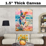 Vibrant Watercolor Dog Splashing on Beach with Birds and Ocean in Energetic Coastal Animal Art for Pet Lovers on Ready to Hang 1.5" Thick Canvas Wrap, Floating Framed Canvas, Flat Rolled Canvas