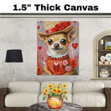 Elegant Devotion: Chihuahua in a European-Inspired Red Dress and Hat with a Heartfelt Touch Romantic Painting on Ready to Hang 1.5" Thick Canvas Wrap, Floating Framed Canvas, Flat Rolled Canvas