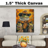 Autumn Elegance: Green Frog Mom and Daughters in Victorian European Fashion on Ready to Hang 1.5" Thick Canvas Wrap, Floating Framed Canvas, Flat Rolled Canvas