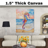 Watercolor Painting of a Vibrant Seahorse on the Shore with Ocean Waves and a Soft Sunset Sky on Ready to Hang 1.5" Thick Canvas Wrap, Floating Framed Canvas, Flat Rolled Canvas