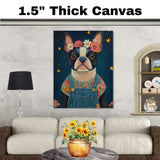 Whimsical Boston Terrier in Floral Overalls Under Starry Night Sky Charming Dog Art Perfect for Nursery Living Room Decor and Dog Lover Gifts on Ready to Hang 1.5" Thick Canvas Wrap, Floating Framed Canvas, Flat Rolled Canvas