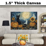 Starry Halloween Night – Black Cat, Pumpkin, and Ghosts Wall Art in Van Gogh Style on Ready to Hang 1.5" Thick Canvas Wrap, Floating Framed Canvas, Flat Rolled Canvas