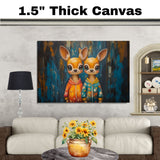Painting of Two Cute Deer in Colorful Pajamas Standing Side by Side with Big Eyes and Smiling Faces in a Whimsical Setting with Bold Brush Strokes and Playful Colors on Ready to Hang 1.5" Thick Canvas Wrap, Floating Framed Canvas, Flat Rolled Canvas