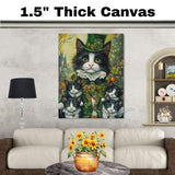 Irish Whiskers: Tuxedo Cat Mom and Four Kittens in a St. Patrick's Day Celebration on Ready to Hang 1.5" Thick Canvas Wrap, Floating Framed Canvas, Flat Rolled Canvas