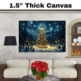Magical Christmas Night Scene with Glowing Tree, Starry Sky and Gifts, Winter Wonderland with Victorian-Style Figures and Surreal Holiday Atmosphere on Ready to Hang 1.5" Thick Canvas Wrap, Floating Framed Canvas, Flat Rolled Canvas