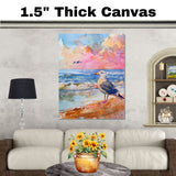 Watercolor Seagull Standing on Shore with Sunset Sky and Waves in a Vibrant Coastal Scene on Ready to Hang 1.5" Thick Canvas Wrap, Floating Framed Canvas, Flat Rolled Canvas