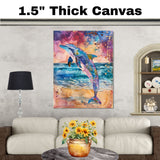 Watercolor Painting of Dolphin Leaping from Ocean with Color Splash Sky and Abstract Cosmic Sunset in Vivid Pink Blue and Gold Tones on Ready to Hang 1.5" Thick Canvas Wrap, Floating Framed Canvas, Flat Rolled Canvas