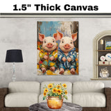 Playful Painting of Two Cute Piglets in Colorful Pajamas Sitting Side by Side with Happy Expressions in a Bold Textured Style on Ready to Hang 1.5" Thick Canvas Wrap, Floating Framed Canvas, Flat Rolled Canvas