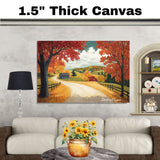 Curving Autumn Road with Blue Cabin and Hills – Colorful Fall Folk Art Landscape Wall Print on Ready to Hang 1.5" Thick Canvas Wrap, Floating Framed Canvas, Flat Rolled Canvas