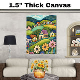 Peaceful Folk Art Canvas – Colorful Houses and Wildflowers on Rolling Green Hills with Forest Backdrop on Ready to Hang 1.5" Thick Canvas Wrap, Floating Framed Canvas, Flat Rolled Canvas