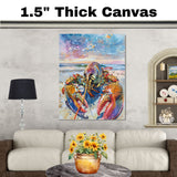 Watercolor Painting of a Colorful Lobster on the Beach with Ocean Waves and Vibrant Sky in Coastal Nautical Style on Ready to Hang 1.5" Thick Canvas Wrap, Floating Framed Canvas, Flat Rolled Canvas