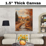 Autumn Stream by the Cottage – Rustic Fall Landscape Oil Painting Print on Ready to Hang 1.5" Thick Canvas Wrap, Floating Framed Canvas, Flat Rolled Canvas