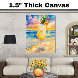 Pina Colada Tropical Drink Watercolor Painting with Pineapple Slice and Flower on Beach at Sunset on Ready to Hang 1.5" Thick Canvas Wrap, Floating Framed Canvas, Flat Rolled Canvas