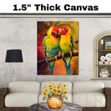 Affectionate Lovebird Pair Painting Featuring Vibrant Parrots in Red, Yellow, and Green Plumage Sharing a Tender Moment on a Branch in a Colorful Jungle Scene on Ready to Hang 1.5" Thick Canvas Wrap, Floating Framed Canvas, Flat Rolled Canvas