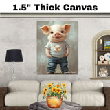 Adorable Piglet in T-Shirt and Jeans with Hands in Pockets – Whimsical Animal Portrait Illustration on Ready to Hang 1.5" Thick Canvas Wrap, Floating Framed Canvas, Flat Rolled Canvas