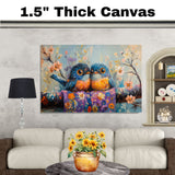 Painting of Two Colorful Plump Birds Sitting Close Together on a Flower Covered Branch with Bright Feathers and Big Eyes in a Playful Springtime Floral Scene on Ready to Hang 1.5" Thick Canvas Wrap, Floating Framed Canvas, Flat Rolled Canvas