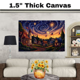 Whimsical 4th of July Village with Fireworks, American Flags, and Glowing Cottages Under a Swirling Starry Sky, Festive Celebration of Patriotism and Magic on Ready to Hang 1.5" Thick Canvas Wrap, Floating Framed Canvas, Flat Rolled Canvas