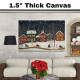 Vintage Christmas Folk Art Scene with Horse-Drawn Sleigh, Snowy Village Homes, Lit Windows, and Falling Snowflakes on Ready to Hang 1.5" Thick Canvas Wrap, Floating Framed Canvas, Flat Rolled Canvas
