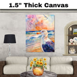 Watercolor Seagull by Ocean Waves with Vibrant Sunset Sky in a Coastal Wildlife Seaside Scene on Ready to Hang 1.5" Thick Canvas Wrap, Floating Framed Canvas, Flat Rolled Canvas