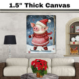 Whimsical Christmas Pig Ice Skating in Red Snowflake Dress and Scarf – Cute Holiday Animal Wall Art, Festive Nursery Decor or Winter Gift on Ready to Hang 1.5" Thick Canvas Wrap, Floating Framed Canvas, Flat Rolled Canvas