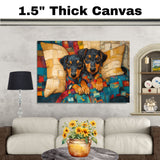 Painting of Two Dachshund Puppies in Colorful Pajamas Snuggled Under a Patchwork Quilt with Big Eyes and Floppy Ears in a Cozy Bed Surrounded by Soft Pillows on Ready to Hang 1.5" Thick Canvas Wrap, Floating Framed Canvas, Flat Rolled Canvas