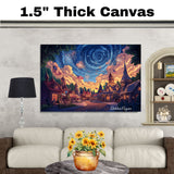 Vintage Americana Night Scene with Flags and Stars – Independence Day Art on Ready to Hang 1.5" Thick Canvas Wrap, Floating Framed Canvas, Flat Rolled Canvas