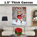 Charming Christmas Cougar Ice Skating in Red Dress Whimsical Holiday Art Featuring Playful Wild Cat in Snowy Forest for Winter Decor and Animal Lovers on Ready to Hang 1.5" Thick Canvas Wrap, Floating Framed Canvas, Flat Rolled Canvas