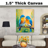 Charming Bluebird Pair Artwork Featuring Bright Blue and Orange Plumage Perched on a Branch with a Soft Green and Yellow Nature-Inspired Background on Ready to Hang 1.5" Thick Canvas Wrap, Floating Framed Canvas, Flat Rolled Canvas