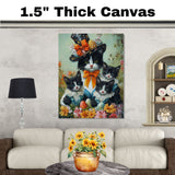 Springtime Surprise: Tuxedo Cat Mom Carrying Three Kittens with Easter Eggs on Ready to Hang 1.5" Thick Canvas Wrap, Floating Framed Canvas, Flat Rolled Canvas