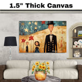 Whimsical 4th of July Folk Art Print – Patriotic Family Celebration with Stars and Stripes on Ready to Hang 1.5" Thick Canvas Wrap, Floating Framed Canvas, Flat Rolled Canvas
