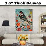 Whimsical Painting of a Colorful Bird with Dotted Feathers Standing Among Bright Abstract Flowers Ideal for Nature Lovers or Vibrant Home Accents on Ready to Hang 1.5" Thick Canvas Wrap, Floating Framed Canvas, Flat Rolled Canvas