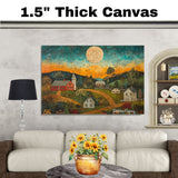 Charming Folk Art Landscape with Country Homes, Sunset Sky, Full Moon, and Flying Birds in a Rustic Americana Scene on Ready to Hang 1.5" Thick Canvas Wrap, Floating Framed Canvas, Flat Rolled Canvas