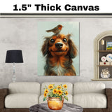 Cute Long-Haired Dachshund with Red-Breasted Bird on Head Whimsical Animal Illustration for Kids Room or Nursery Art Print for Dog and Bird Lovers on Ready to Hang 1.5" Thick Canvas Wrap, Floating Framed Canvas, Flat Rolled Canvas