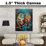 Vibrant Owl Pair Artwork Featuring Multicolor Plumage and Large Blue Eyes Perched on a Branch with Rich Abstract Background in Teal Red and Yellow Accents on Ready to Hang 1.5" Thick Canvas Wrap, Floating Framed Canvas, Flat Rolled Canvas