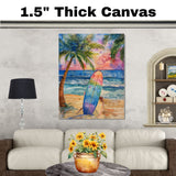 Watercolor Painting of a Colorful Surfboard on Beach at Sunset with Palm Trees on Ready to Hang 1.5" Thick Canvas Wrap, Floating Framed Canvas, Flat Rolled Canvas
