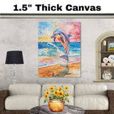 Watercolor Painting of Vibrant Dolphin Leaping Above Ocean Shore with Splashing Waves and Sunset Reflections on the Sand on Ready to Hang 1.5" Thick Canvas Wrap, Floating Framed Canvas, Flat Rolled Canvas