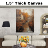 Autumn Stream Running Through a Village – Rustic Fall Landscape Oil Painting Print on Ready to Hang 1.5" Thick Canvas Wrap, Floating Framed Canvas, Flat Rolled Canvas