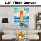 Watercolor Painting of a Multicolored Surfboard Reflecting Ocean Sunset on Shoreline with Vibrant Sky and Rolling Waves on Ready to Hang 1.5" Thick Canvas Wrap, Floating Framed Canvas, Flat Rolled Canvas